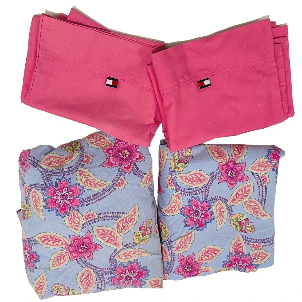 Tommy Hilfiger Twin Flat Fitted Sheet Jacobean Floral Amelia Island Pink Cases